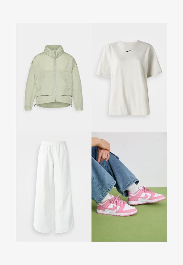 Világos zöld, könnyű dzseki magas gallérral, elülső cipzárral, két oldalsó zsebbel és állítható aljjal. Simább textúrával és laza szabással.; Fehér pamut póló kerek nyakkal és rövid ujjal. A mellkason egy kis fekete Nike logó található. Egyszerű és díszítetlen dizájn.; Fehér, bő szárú sportnadrág ribbelt derékpánttal és diszkrét logórésszel. Simá szövet, laza szabással és taperált szárral.; Rózsaszín és fehér Nike sneaker, bőr és hálós anyagokból készült, kontrasztos formákkal, kerek orrával, valamint illeszkedő rózsaszín fűzőkkel és díszítésekkel.