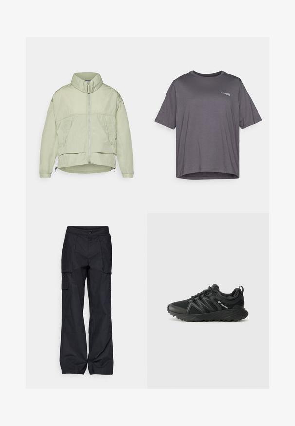 Jacheta de un verde deschis, ușoară, cu guler înalt, fermoar frontal, două buzunare laterale și tiv ajustabil. Textură netedă, cu o croială lejeră.; Tricou gri cu mânecă scurtă, confecționat dintr-un material neted. Prezintă un guler rotund și un mic logo imprimat pe piept.; Columbia BREA FALLS™ COTTON RIPSTOP PANT - Pantaloni outdoor - black; Columbia PEAKFREAK - Pantofi drumeție - black