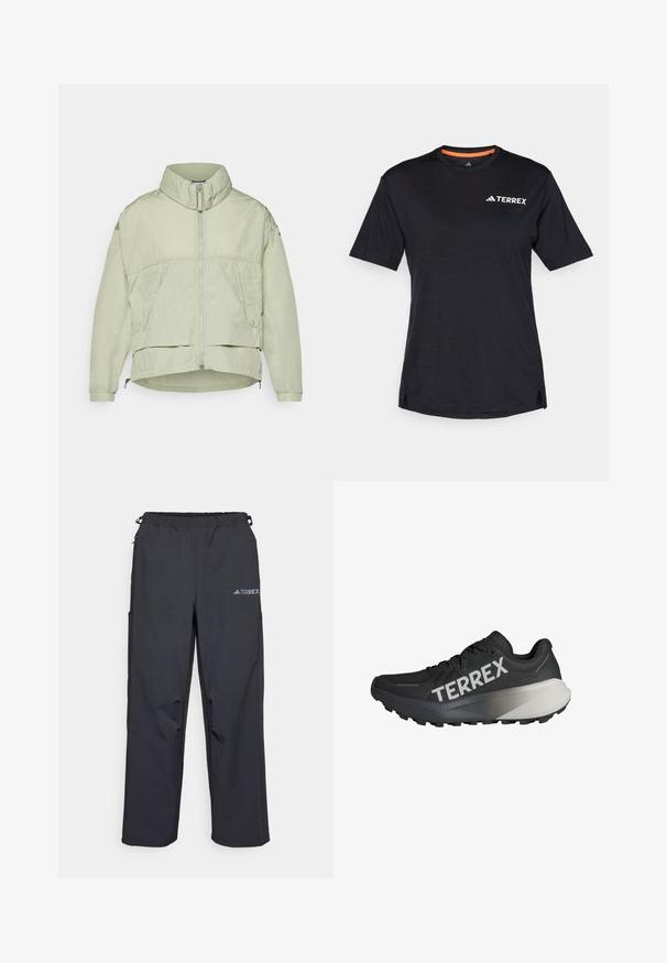 Light green, lightweight jacket with a high collar, front zipper, two side pockets, and adjustable hem. Smooth texture with a relaxed fit.; Black short-sleeve T-shirt with round neckline, featuring a subtle heather texture and white "TERREX" logo on the upper left side.; Black, lightweight outdoor pants with an elastic waistband, side pockets, and a logo on the upper right leg. Smooth, water-resistant fabric.; Black running shoe with a textured upper, prominent "TERREX" logo in white, tapered sole design, and a gradient gray accent on the heel.
