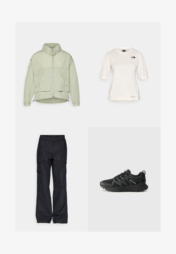 Lys grønn, lett jakke med høy krage, frontlås, to sidelommer og justerbar kant. Jevn tekstur med en avslappet passform.; The North Face SHADOW SHORT SLEEVE - T-skjorte til trening - white dune; Columbia BREA FALLS™ COTTON RIPSTOP PANT - Friluftsbukser - black; Columbia PEAKFREAK - Fjellsko - black