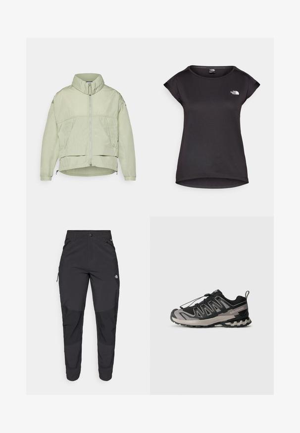 Light green, lightweight jacket with a high collar, front zipper, two side pockets, and adjustable hem. Smooth texture with a relaxed fit.; The North Face TANKEN TANK - Sports T-shirt - black; Black outdoor pants made of durable fabric. Feature zippered pockets, reinforced knee panels, and a straight cut design for mobility.; Black and gray athletic shoe with mesh upper, rubber sole, and elastic lace system. Features a reinforced toe and textured accents.