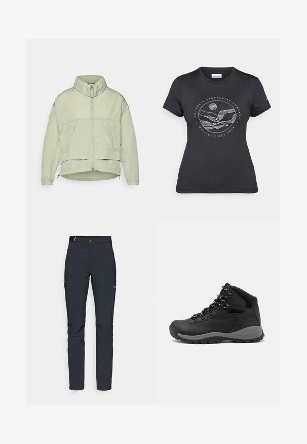 Giacca leggera di colore verde chiaro, con colletto alto, zip frontale, due tasche laterali e fondo regolabile. Tessuto liscio con una vestibilità comoda.; Maglietta nera Columbia con arte lineare bianca di una montagna circolare e un fiume, e il testo "Columbia Sportswear Company Outside Since 1938."; Pantaloni da uomo per attività all'aperto, grigio scuro, realizzati in materiale elastico, dotati di cintura, tasche con zip e cuciture rinforzate.; Stivale da trekking nero con design a metà altezza, dotato di una tomaia texturizzata, accenti grigi e suola in gomma resistente con tasselli per la trazione.