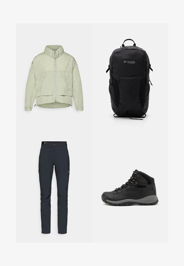 Šviesiai žalia, lengva striukė su aukštu apykakle, priekiniu užtrauktuku, dviem šoninėmis kišenėmis ir reguliuojamu apvadu. Lygi tekstūra su laisvu siluetu.; Juodas "Columbia" marškinėliai su balta apskrita kalnų ir upės linijų grafika bei tekstu "Columbia Sportswear Company Lauke nuo 1938 metų."; Vyrų lauko kelnės, tamsiai pilkos, pagamintos iš elastingos medžiagos, su diržu, užtrauktukais užtraukiamomis kišenėmis ir sustiprinta siūle.; Juodas žygio botas su vidutinio aukščio dizainu, pasižymintis tekstūruota viršutine dalimi, pilkų akcentų ir patvaria guma padanga su sukibimo gumbais.; Juodas Columbia Titanium kuprinė su lygaus audinio tekstūra, šoninėmis kišenėmis, viršutine rankena ir reguliuojamomis petnešomis. Minimalistinis dizainas su subtiliu logotipu.