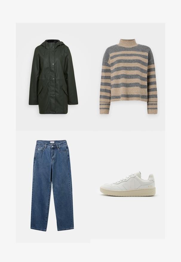 Parka verde à prova d'água com capuz, fecho de botão de pressão, dois bolsos frontais e detalhes em cordão. Textura suave.; Sweater de malha às riscas com cores cinza e bege, gola alta, mangas largas com punhos e um corte solto com design cropped.; Jeans de denim azul clássicos com um design de perna reta, cinco bolsos e fecho de botão. Apresenta um tratamento médio e uma textura resistente.; Sapatilhas de couro branco com biqueira perfurada, sola de borracha beige em contraste e detalhes do logótipo na lateral e no calcanhar. Design minimalista.