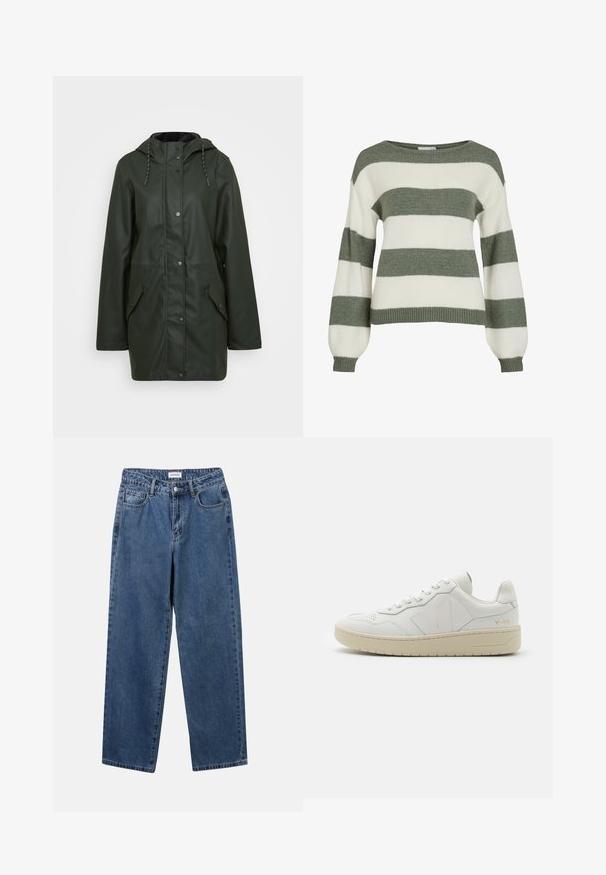 Vodoodporna zelena parka jakna s kapuco, zapiranje na gumbke, dvema sprednjima žepoma in akcenti z vrvico. Gladka tekstura.; Zeleno-bela prugasta majica, ki ima sproščen kroj, široke rokave in rebraste manšete. Izdelana iz mehke, teksturirane pletenine.; Klasične modre jeans hlače s ravnim krojem, petimi žepi in gumbom za zapiranje. Imajo srednje pranje in trdno teksturo.; Bele usnjene športne copate s perforiranim sprednjim delom, kontrastno bež gumijasto podplatom in logotipom na strani in peti. Minimalistična zasnova.