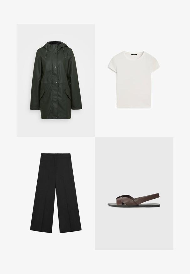 Waterdichte groene parka met capuchon, drukknoopsluiting, twee voorzakken en trekkoordaccenten. Glad van textuur.; Witte t-shirt met korte mouwen en een ronde hals, gemaakt van zachte katoenstof, met een gladde textuur en een eenvoudig ontwerp.; Zwarte wijde broek met elastische tailleband. Gemaakt van lichtgewicht stof, met een gladde textuur en een strak, minimalistisch ontwerp.; Bruine leren sandaal met een kruisbandontwerp, vlakke zwarte zool en verstelbare achterband. Gladde textuur en minimale hardwaredetails.