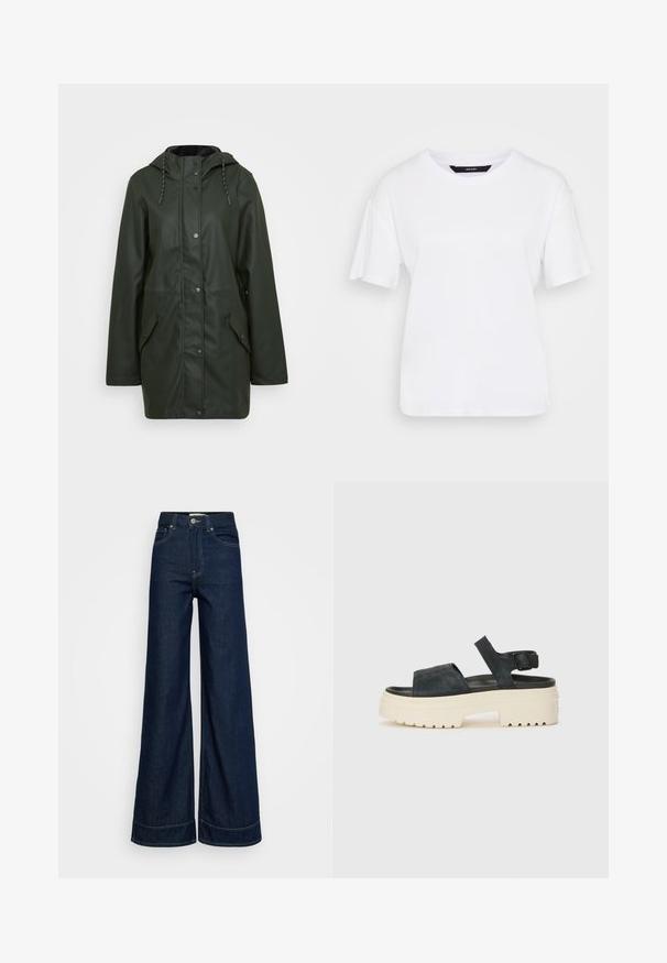 Vodootporna zelena parka jakna s kapuljačom, zatvaranje na dugmadi, dva prednja džepa i akcenti s povlačenjem. Glatka tekstura.; Bijela kratka majica s kratkim rukavima izrađena od pamuka. Ima okrugli izrez i opušteni kroj, s jednostavnim dizajnom bez vidljivih uzoraka ili akcenta.; Tamne tamno visok struk tamno plavi široki traperice s prednjim džepovima, petljama za remen, kopčanjem na dugme i vidljivim šavovima na bijeloj pozadini.; Crne ante sandale na platformu s debelim bijelim potplatom, širokim prednjim remenom i podesivom kopčom za gležanj. Teksturirani potplat za bolju prionjivost.