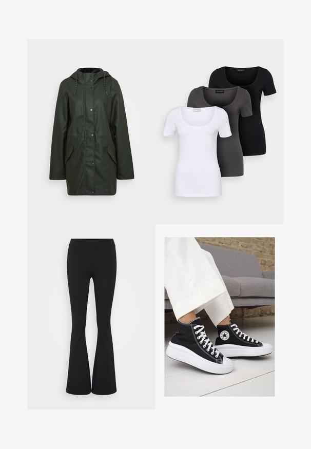 Wodoodporna zielona parka z kapturem, zapięcie na napy, dwie przednie kieszenie oraz akcenty z troczkami. Gładka tekstura.; Trzy dopasowane koszulki w kolorze białym, szarym i czarnym. Każda z nich ma szeroki dekolt w serek i krótkie rękawy. Wykonana z gładkiego, elastycznego materiału.; Czarne spódnice dzwonowe wykonane z elastycznego materiału, z wysokim stanem i gładką fakturą. Spodnie rozszerzają się od kolana.; Czarne trampki typu high-top z białą gumową podeszwą i sznurowadłami. Posiadają okrągłe logo z boku oraz kontrastujące białe szwy.