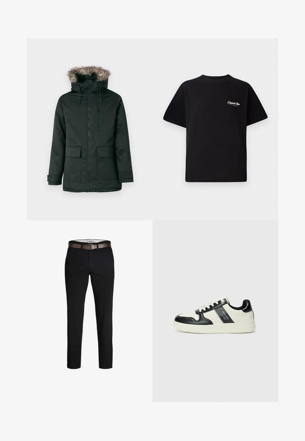 Parka preta com capuz forrado com pelo sintético, fecho frontal em zíper e dois grandes bolsos à frente. Apresenta cordões ajustáveis e punhos com botão de pressão.; T-shirt de algodão preto com decote redondo, mangas curtas e pequeno texto de logo branco no lado esquerdo do peito. Design simples, corte clássico.; Calças pretas de algodão com corte reto, apresentando um cinto de couro castanho e uma textura suave. Design simples, sem padrões ou detalhes visíveis.; Ténis de couro com um esquema de cores em preto e creme, apresentando detalhes perfurados, um colarinho acolchoado e uma sola texturizada.