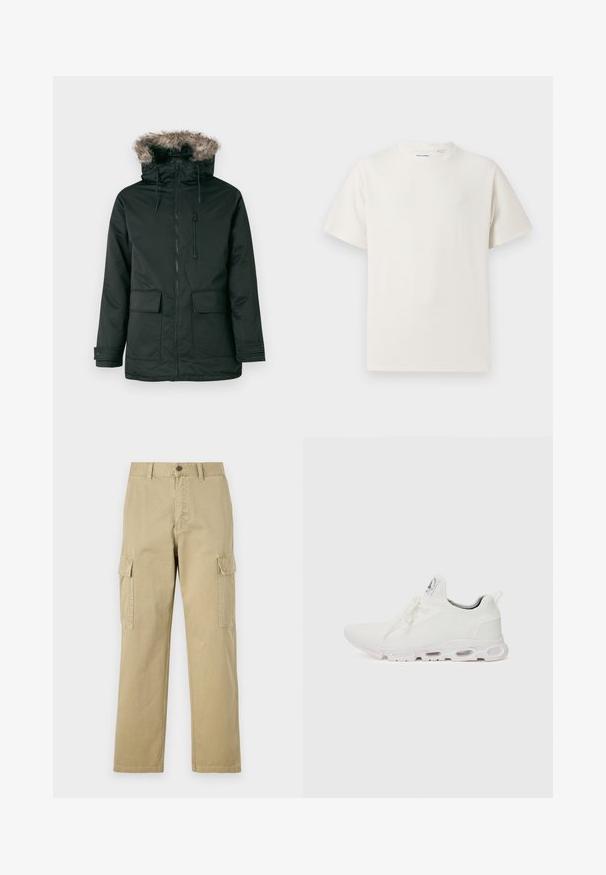 Fekete parkajacket műszőrmével bélelt kapucnival, elöl cipzárral és két nagyméretű elülső zsebbel. Állítható zsinórral és patentos mandzsettákkal rendelkezik.; Fehér, rövid ujjú póló bordázott textúrával. Kerek nyakkivágás, laza szabás, nincs látható minta vagy díszítés. Egyszerű és sokoldalú dizájn.; Beige vászon cargo nadrág, két oldalsó zsebbel, gombos záródással, egyenes lábakkal és enyhén texturált anyagból készült.; Fehér sportcipők, texturált kötött felsőrésszel, lapos fűzőkkel és párnázott talppal, amely látható légkamrákkal rendelkezik a megerősített kényelem érdekében.