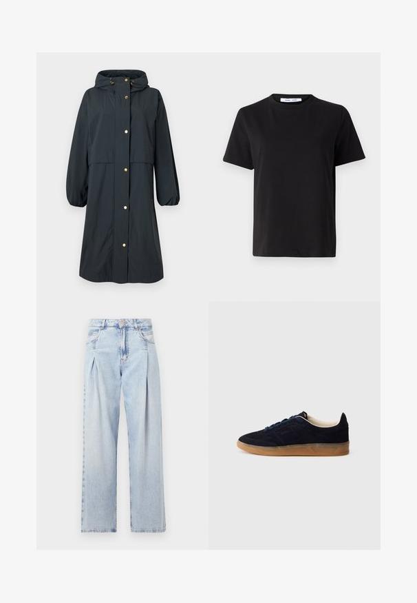 Water-resistant dark blue raincoat featuring a hood, elastic cuffs, gold button closures, and a relaxed fit with a mid-length design.; Black short-sleeve t-shirt made of soft cotton, featuring a round neckline, relaxed fit, and a smooth texture. No visible patterns or graphics.; Light blue denim jeans with a high waist, wide-leg cut, two side pockets, and pleated design feature. Soft texture with a faded finish.; Navy suede sneaker with a gum rubber sole, blue laces, and minimalist design. Features embossed logo on the side and smooth inner lining.