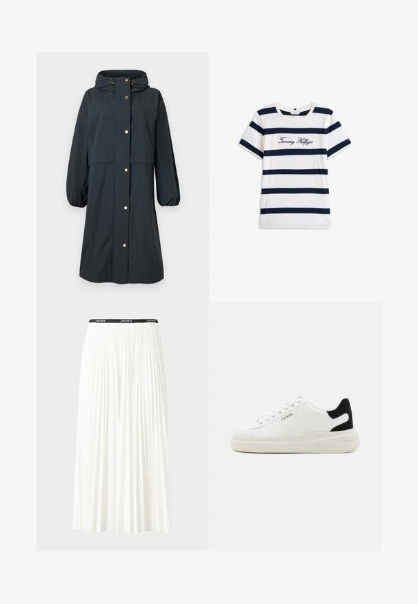 Veekindel tume sinine vihmamantel, millel on kapuuts, elastsed mansetid, kuldsed nupud ning lõtv sobivus keskmise pikkusega disainiga.; Puuvillane T-särk horisontaalsete tumesiniste triipudega valgel taustal. Rinnal on kiri "Tommy Hilfiger" kantud kursiivis. Ümmargune kaelus.; Kurtitudega valge seelik musta elastse vööga, millel on "LACOSTE" logo. Keskmise pikkusega disain pehme tekstuuriga.; Valged nahast tennisetossud paksu valge tallaga, musta sametist kontsakeeuga ja külje peal riigilogo reljeefne kujundus. Lukkeskeem kuue silmaauguga.