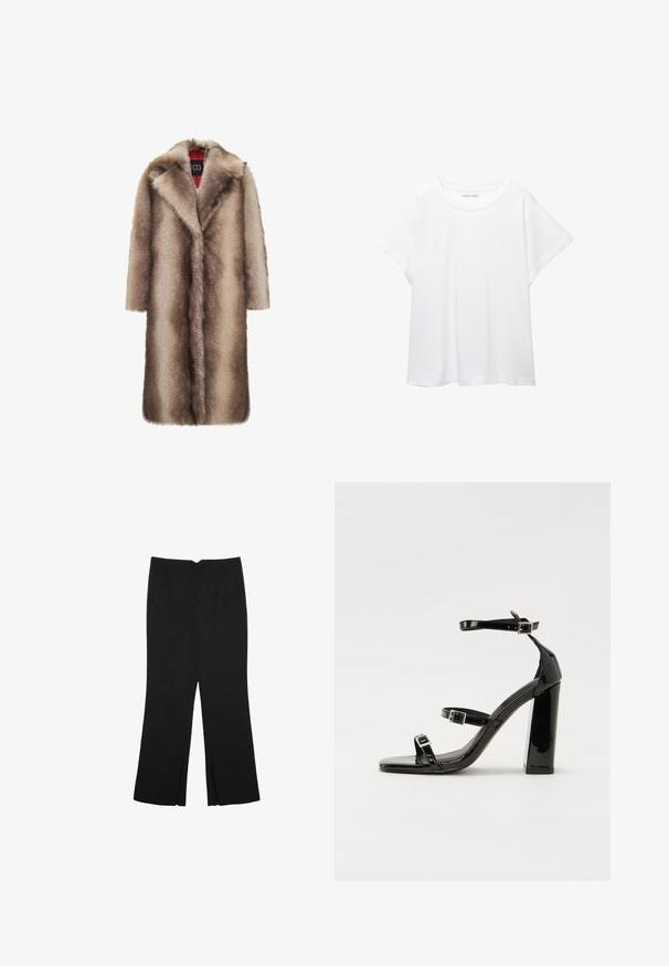 Cesare Gaspari Winter coat - brown; White T-shirt made of soft, lightweight fabric. Features a round neckline and short, wide sleeves with a relaxed fit. No visible patterns.; Black trousers with a straight fit, featuring front pockets and side slits at the hem. Made of soft, smooth fabric. Suitable for various occasions.; Black patent heeled sandals with a square toe, ankle straps, and silver buckles. Features a chunky block heel for stability.