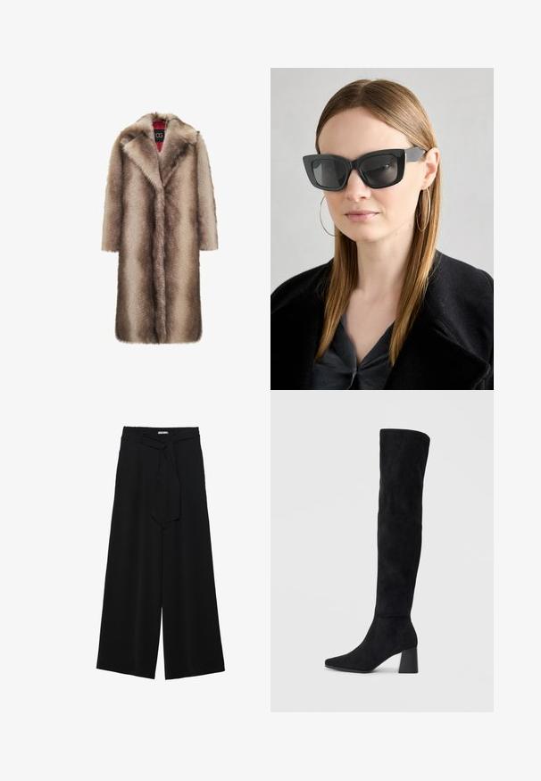 Cesare Gaspari Abrigo de invierno - brown; Top negro de manga larga con puños acampanados, textura suave y un ajuste relajado, con un sencillo cuello redondo.; Pantalones de pierna ancha negros con un tejido texturizado, una cinturilla elástica y un lazo desmontable en la cintura para un ajuste ajustable.; Bota de ante negra hasta la rodilla con tacón cuadrado, puntera afilada y diseño liso y sin costuras sobre un fondo claro.; Gafas de sol de gato negro con lentes oscuros, montura gruesa y acentos sutiles. Llevadas con un abrigo negro y una blusa gris, presentando cabello largo y liso.