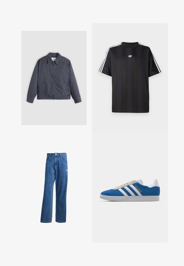 Czarna szara kurtka z zamkiem z przodu, spiczastym kołnierzem, dwiema bocznymi kieszeniami i subtelnymi detalami w przeszyciach. Wykonana z gładkiego materiału.; Czarna koszulka z krótkim rękawem z białymi, trzema paskami na ramionach oraz małym białym logotypem na klatce piersiowej. Gładka tekstura materiału.; Niebieskie dżinsy o wysokim stanie i szerokich nogawkach z przednimi kieszeniami, paskiem, zapięciem na guziki oraz małym logo Adidas na prawej udzie.; adidas Originals GAZELLE niebieski