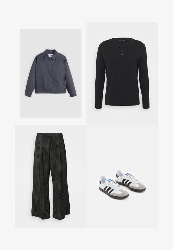 Dark grey jacket featuring a zip front, pointed collar, two side pockets, and subtle stitching details. Made from a smooth fabric.; Black long-sleeve henley shirt made of soft fabric, featuring a buttoned placket, round neckline, and fitted sleeves.; Black pinstriped wide-leg trousers with pleats, featuring a tailored design and a soft texture. No visible hardware or accents.; Sport shoes with a white leather upper, gray suede toe, and three black stripes. Features a blue logo on the tongue and a textured rubber sole.