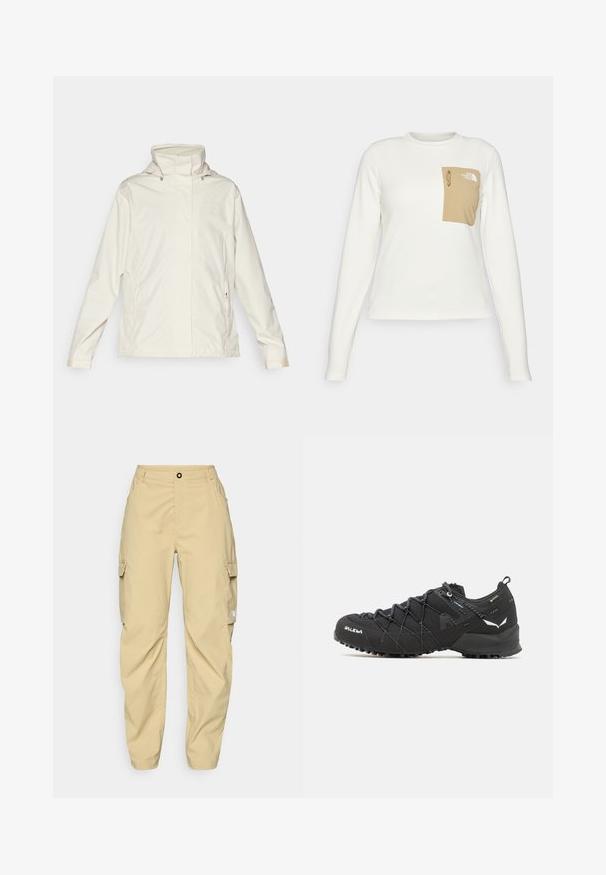 Ljusbeige vattentät jacka med hög krage, dragkedjefickor på sidorna och subtil logotyp på bröstet. Slät textur, avslappnad design.; Vit långärmad skjorta i texturerad tyg med en beige lagficka som har dragsko och logotyp.; The North Face EXPLORATION CARGO PANTS - Friluftsbyxor - khaki stone; Svarta vandringsskor med ett texturerat tygöverdrag, snörningssystem och slitstark gummisula. Prydda med reflekterande detaljer och logotyper.