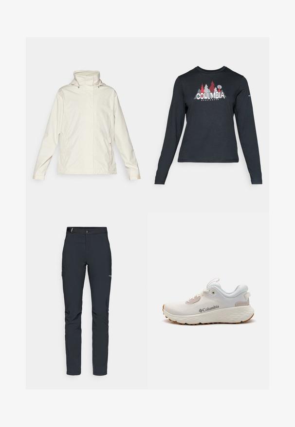 Light beige waterproof jacket with a high collar, zippered side pockets, and subtle brand logo on the chest. Smooth texture, casual design.; Long-sleeve dark gray shirt with a graphic of red trees and mountains; "COLUMBIA" logo in bold white text. Soft fabric, standard crew neck.; Men's outdoor pants, dark gray, made from flexible material, featuring a belt, zippered pockets, and reinforced stitching.; Lightweight Columbia athletic shoe in white mesh with a textured gray sole and rubber traction. Features a padded collar and lace-up design.