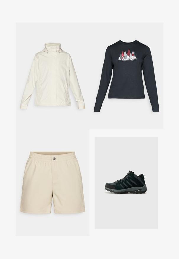 Lichtbeige waterdichte jas met een hoge kraag, ritszakken aan de zijkant en een subtiele merklogo op de borst. Gladde textuur, casual ontwerp.; Langsluitend donkergrijs shirt met lange mouwen, versierd met een grafisch ontwerp van rode bomen en bergen; het "COLUMBIA"-logo in vet witte tekst. Zacht materiaal, standaard ronde hals.; Beige korte broek gemaakt van lichtgewicht stof, met een elastische tailleband, voorzakken en een enkele drukknoopsluiting, met een gladde textuur.; Columbia REDMOND - Outdoorschoenen - black/citron haze