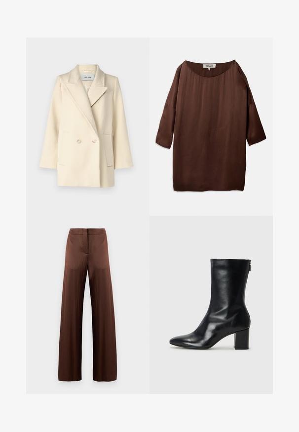Krém színű, kétgombos kabát, hegyes hajtókákkal, oldalsó zsebekkel és világos színű gombokkal. Simább, struktúrált anyag minimális textúrával.; Barna, laza szabású blúz széles, hajónyakú dekoltázzsal és háromnegyedes ujjakkal, sima, texturált anyagból készült. A felső finom ráncokkal rendelkezik.; Barna, bő szárú nadrág sima, könnyű anyagból, lapos elülső résszel, zsebek nélkül és egyenes sziluettel.; Fekete bőr bokacipő hegyes orral és 4 cm-es blokkfallal. Simán díszített designja oldalra nyíló cipzárral rendelkezik, ami megkönnyíti a felvételt. Simább textúrával.