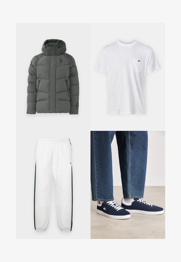 Gevoerde hooded jas in donkergrijs, met ritszakken aan de zijkanten, een gladde textuur en een duurzame stof met een matte afwerking.; Witte katoenen t-shirt met een ronde halslijn en korte mouwen. Beschikt over een linkerkant borstzakje en een klein groen Lacoste-logo.; Witte trainingsbroek met donkergroene zijpanelen. Lichtgewicht materiaal, elastische tailleband en boordjes aan de onderkant. Heeft een meshstructuur op de zijpanelen.; Blauwe canvas sneakers met witte veters en rubberen zolen, weergegeven met denim broek en grijze geribbelde sokken, op een lichtgrijze ondergrond.