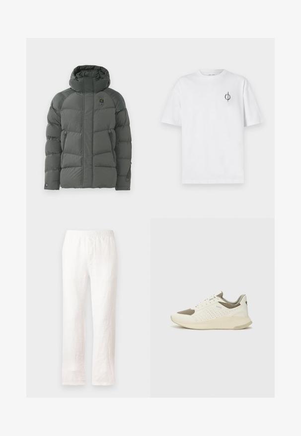 Chaqueta acolchada con capucha en gris oscuro, que cuenta con bolsillos laterales con cremallera, una textura suave y un tejido duradero con un acabado mate.; Camiseta de algodón blanca con un corte relajado, con un pequeño logotipo gráfico negro en el área del pecho izquierdo. Mangas cortas, estilo cuello redondo.; Pantalones de lino blanco con cinturilla elástica, diseño de pierna recta y tela ligeramente texturizada. Sin patrones ni detalles adicionales.; Zapatilla deportiva en blanco y beige claro, con parte superior de malla, detalles perforados y una mediasuela texturizada con la marca en el talón.