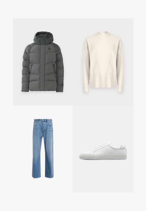 Gevoerde hooded jas in donkergrijs, met ritszakken aan de zijkanten, een gladde textuur en een duurzame stof met een matte afwerking.; Langsleeve, shirt met hoge kraag van lichtroom katoen. Gladde textuur, relaxed fit, minimalistisch ontwerp, geen zichtbare patronen of accenten.; Lichtblauwe denim jeans met een straight-leg ontwerp, vijf zakken, knoopsluiting, minimale vervaging en contrasterende stikseldetails.; Witte sneaker met een gladlederen bovenwerk en een laag profiel. Voorzien van een ronde neus, zes vetergaatjes en een gestructureerde rubberen zool.