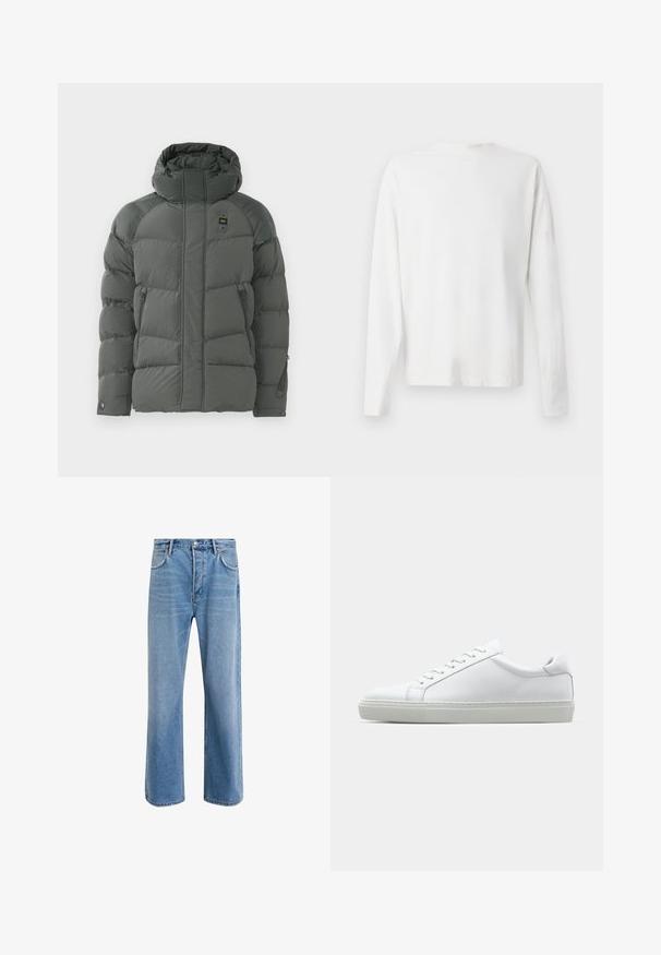 Pamučena kaputa s kapuljačom u tamnosivoj boji, koja ima bočne džepove na zatvarač, glatku teksturu i izdržljivu tkaninu s mat završnom obradom.; Bijela pamučna košulja dugih rukava s okruglim izrezom, bočnim prorezima pri dnu i glatkom teksturom, prikazana s leđa.; Svijetloplave traperice s ravnim nogavicama, pet džepova, zatvaranjem na gumb, minimalnim izbljeđivanjem i kontrastnim šavovima.; Bijela tenisica s glatkim kožnim gornjim dijelom i niskim profilom. Ima zaobljen vrh, šest rupica za vezanje i teksturiranu gumenu podlogu.