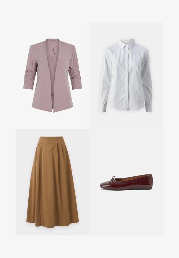 Lys lavendelblazer med skreddersydd design, trekvart ruchede ermer og åpen front. Glatt stoff og minimalistisk silhuett.; Hvit skjorte med knapper laget av glatt bomull, med klassisk krage, lange ermer og buet skjær. Knapper er små og hvite.; Brun bomull A-linje skjørt med høy midje, med folder foran og en jevn tekstur. Kantene er rene og enkle.; Burgunderrød lakk lær ballettleilighet med rund tå, liten sløyfe foran og en lav, svart gummisåle. Glatt tekstur.