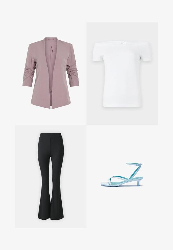Világoslila blézer testre szabott fazonnal, háromnegyedes redőzött ujjakkal és nyitott elülső résszel. Simább anyag és minimalista sziluett.; Fehér, váll nélküli, rövid ujjú póló, puha pamut anyagból készült, testhezálló kialakítással és egyenes aljjal.; Fekete, bővülő nadrág rugalmas anyagból. Magas derékkal és sima, testhezálló kialakítással rendelkezik, amely a térdtől lefelé bővül.; Világoskék, pántos szandál négyzet alakú orral, alacsony sarokkal, állítható bokapánttal és sima, fényes felülettel. Keresztezett pántok a talprétegen.