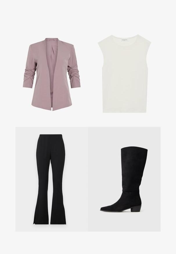 Svetlo-lavenderni blazer z oblikovanim dizajnom, polovičnimi nabrano rukavi in odprtim sprednjim delom. Gladek material in minimalistična silhueta.; Bela brezrokavnica s okroglim izrezom. Narejena iz gladkega materiala, ima sproščen kroj in minimalističen dizajn. Brez vzorcev ali okrasnih elementov.; Črne razširjene hlače iz gladkega, elastičnega materiala. Imajo stranske razpoke na robu za dodaten detajl. Klasična zasnova in vsestranski kroj.; Črne semiš čevlje do kolen z nizko blok peto in koničastim nosom, prikazani v stranskem pogledu na preprostem svetlo sivem ozadju.