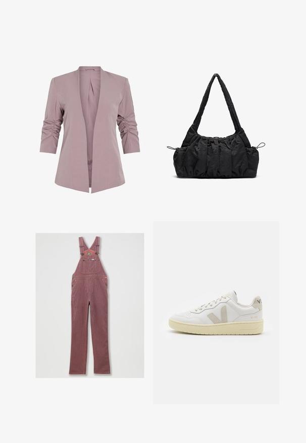 Lys lavendelblazer med skreddersydd design, trekvart ruchede ermer og åpen front. Glatt stoff og minimalistisk silhuett.; Crop top i off-white strikkemateriale. Lange ermer med ribbet tekstur og små utskjæringer rundt halslinjen.; Rødstripete denimoverall med justerbare skulderstropper, stor lommesekk foran og sidelommer. Har metallhardware og en sydd søm.; Hvite lær sneakers med beige semsket detaljer, perforert tåboks, flate lisser og en teksturert kremfarget såle. Har subtil branding på hælen.; Svart stoffhåndveske med rynket tekstur, to skulderstropper og snøring på sidene. Glatt, lett materiale.