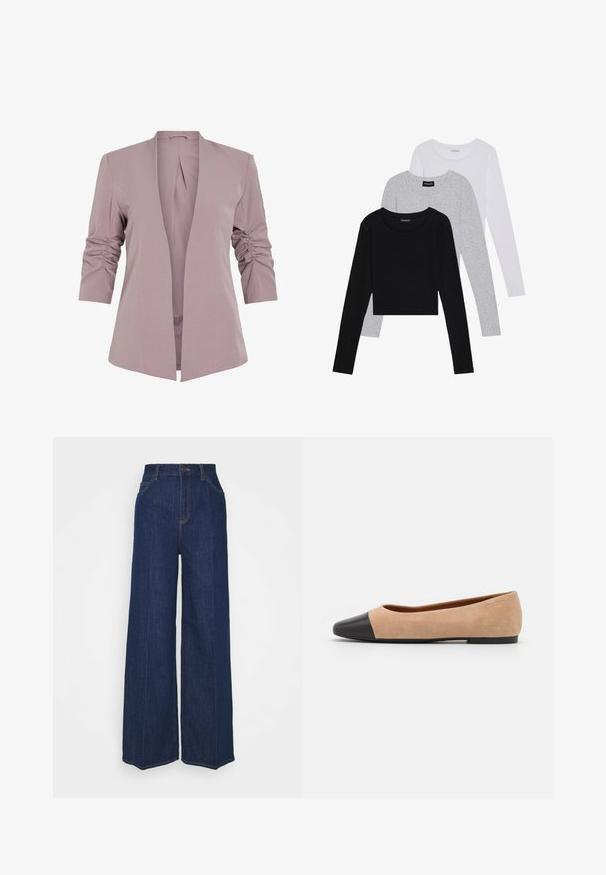 Svetle levandulový blejzr s elegantním střihem, rukávy po tři čtvrtiny s nařasením a otevřený přední díl. Hladká látka a minimalistická silueta.; Tři trička s dlouhým rukávem naskládaná na sobě: černé, šedé a bílé. Každé má kulatý výstřih a kratší střih z hladkého, lehkého materiálu.; Široké tmavě modré džíny s vysokým pasem, předními a zadními kapsami, zapínáním na knoflík a viditelnými švy.; Béžové semišové baleríny s černou koženou kulatou špičkou, nízkým podpatkem a hladkým povrchem, s minimálním prošíváním a čistým designem.