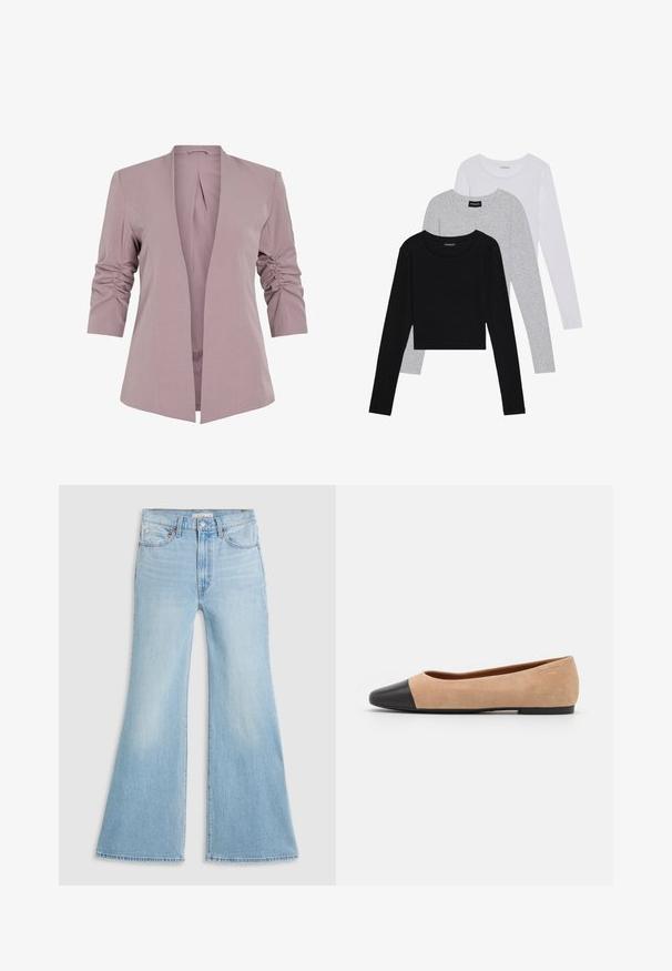 Világoslila blézer testre szabott fazonnal, háromnegyedes redőzött ujjakkal és nyitott elülső résszel. Simább anyag és minimalista sziluett.; Három hosszú ujjú póló egymásra rakva: fekete, szürke és fehér. Mindegyiknek kerek nyaka van, és rövidített fazonnal rendelkezik, sima, könnyű anyagból készült.; Világoskék, trapéz szabású farmernadrág, magas derékkal. Klasszikus, öt zsebes dizájn és nyers szegély a nadrág alján.; Beige velúr balettcipő fekete bőr kerek orral, alacsony sarokkal és sima textúrával, minimális varrással és letisztult dizájnnal.