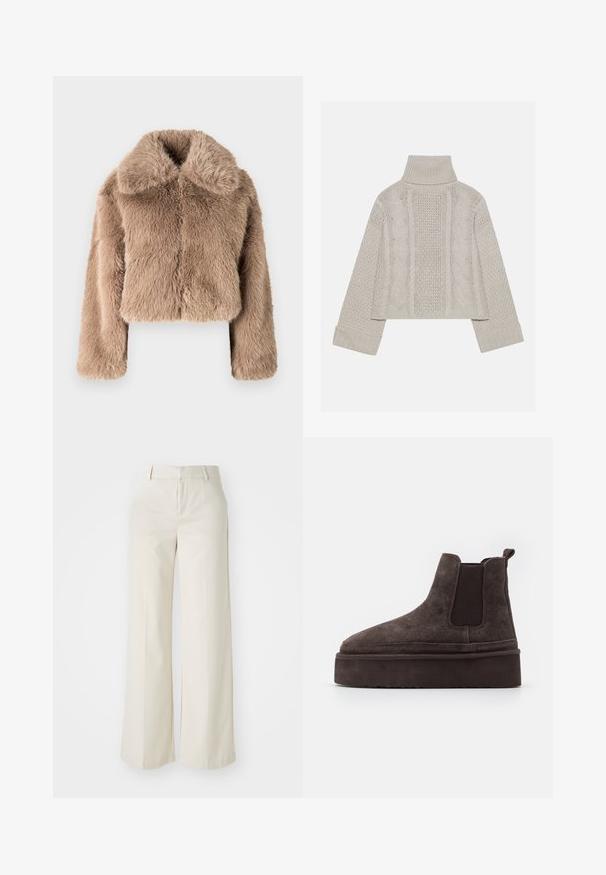 GAP CROPPED - Vinterjacka - beige/taupe; Beskurad, ljusgrå stickad tröja med hög krage och ribbade manschetter, med strukturerade kablar som går längs bakstycket och sidorna.; Vidbenade byxor i en ljus beige färg, gjorda av ett slätt tyg. Har en klassisk midja och flat front med rena linjer.; Bruna mockaskinn Chelsea-stövlar med elastiska sidopaneler och en tjock, texturerad platåsål. Har en dragflik vid hälen för enkel påtagning.
