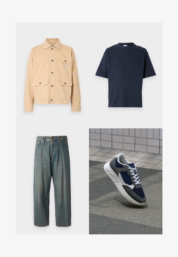 Beżowa kurtka z płótna z zapięciem na guziki z przodu, dwoma dużymi przednimi kieszeniami z klapkami i małą kieszenią na piersi. Standardowy kołnierz i długie rękawy.; Granatowa koszulka z krótkim rękawem wykonana z bawełny. Posiada okrągły dekolt i subtelne logo na piersi. Prosty krój bez wzorów.; Jasnoniebieskie dżinsy o luźnym kroju, średnim stanie i prostych nogawkach. Posiadają pięć kieszeni, szlufki na pasek oraz zapięcie na guzik.; Sneakers z granatową siateczkową cholewką, szarymi zamszowymi akcentami, białą gumową podeszwą i płaskimi białymi sznurówkami, zaprojektowane z myślą o komforcie i wentylacji.