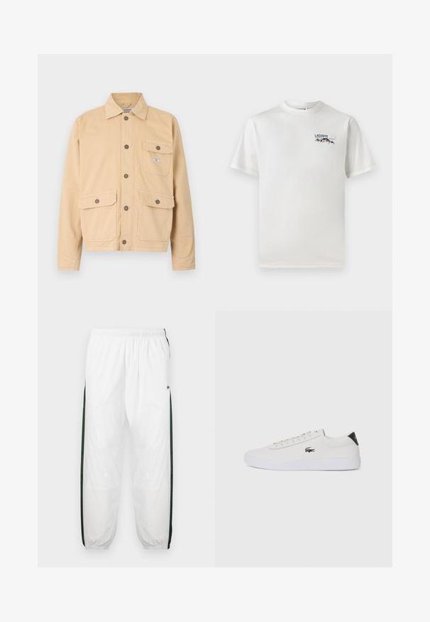 Giacca in tela beige con chiusura frontale a bottoni, due grandi tasche anteriori con pattine e una piccola tasca sul petto. Collo standard e maniche lunghe.; T-shirt bianco in cotone con scollatura rotonda, maniche corte e un piccolo logo ricamato che raffigura montagne e testo sul lato sinistro del petto.; Pantaloni da tuta bianchi con pannelli laterali di un verde scuro. Materiale leggero, vita elasticizzata e orli a costine. Presentano una texture in rete sui pannelli laterali.; Sneaker bianco in pelle con punta rotonda, chiusura con lacci e accentuazione nera sul tallone. Presenta un piccolo logo di coccodrillo ricamato sul lato.