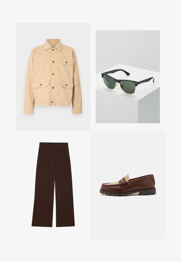 Bežová plátnená bunda so zapínaním na gombíky, dvoma veľkými prednými vreckami s klopami a malým náprsním vreckom. Štandardný golier a dlhé rukávy.; Biely bavlnený tielko s okrúhlym výstrihom, širokými ramennými popruhmi a rovnom spodným lemom, ktoré má hladkú textúru a žiadne viditeľné vzory.; Hnedé nohavice s širokými nohavicami a plisovaním. Vyrobené z hladkej látky, s upraveným pásom a bočnými vreckami. Rovný lem na spodnej časti.; Hnedé kožené loafers so taupe plátnovým akcentom, prešívaním a textúrovanou gumovou podrážkou navrhnutou pre pohodlie a trvácnosť.; Slnečné okuliare Ray-Ban so zelenými sklami, čiernymi plastovými rámami a zlatými akcentami na okrajoch. Štvorcový tvar s matným povrchom.