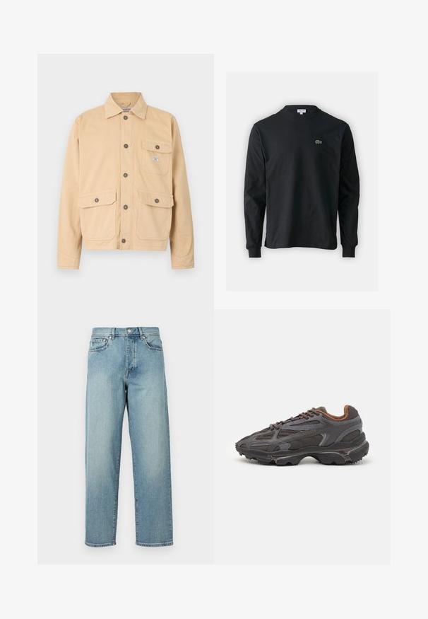 Casaco de lona bege com fecho de botão à frente, dois grandes bolsos frontais com aba e um pequeno bolso no peito. Gola standard e mangas longas.; Camisola preta de manga longa feita de algodão, com decote redondo e um pequeno logótipo de crocodilo bordado em verde no lado esquerdo do peito.; Jeans de denim azul claro com um corte solto, pernas retas, design de cinco bolsos e fecho de botão na cintura. Detalhe de costura minimalista.; Ténis Lacoste em cinza-escuro com material em malha e sintético, apresentando uma sola texturizada e detalhes castanhos na gola e na marca.