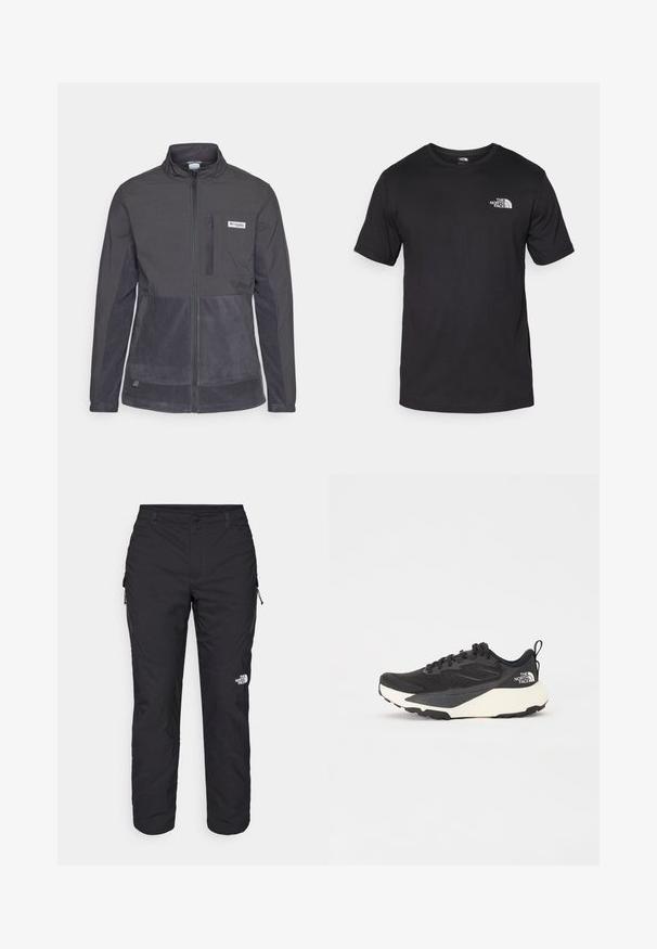 Columbia UNCHARTED™ FULL ZIP - Flisinė striukė - shark; Juodas trumpas rankovės marškinėliai, pagaminti iš medvilnės, su apvaliu kaklu ir mažu baltu logotipu viršutiniame kairiajame krūtinės kampe.; The North Face WINTER EXPLORATION TAPERED CARGO - Lauko kelnės - black; Juodas sportinis batelis su tekstūruotu tinkleliu, solidžiai juodais akcentais ir lengvu baltu padu. Yra raištelių uždarymas ir trauktukas.