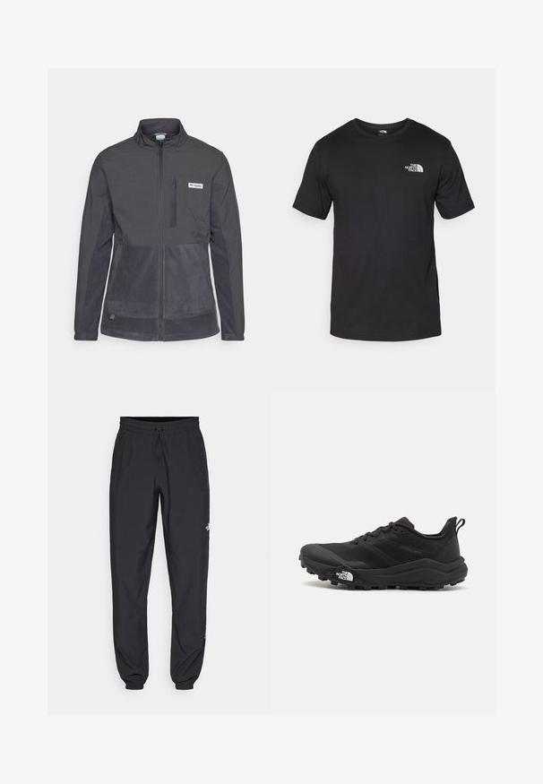 Columbia UNCHARTED™ FULL ZIP - Polárdzseki - shark; Fekete rövidujjú pamut póló, kerek nyakkivágással, a bal felső mellkason egy kis fehér logóval.; Fekete sportnadrág, könnyű anyagból készült, húzózsinóros derékkal, oldalsó zsebekkel és szűkített szárakkal a bokáknál.; Fekete terepfutó cipő, textúrált felső résszel, gumitalppal és megerősített lábujjrészével. Párnázott bokarésszel és húzófüllel rendelkezik a könnyű felhúzáshoz.