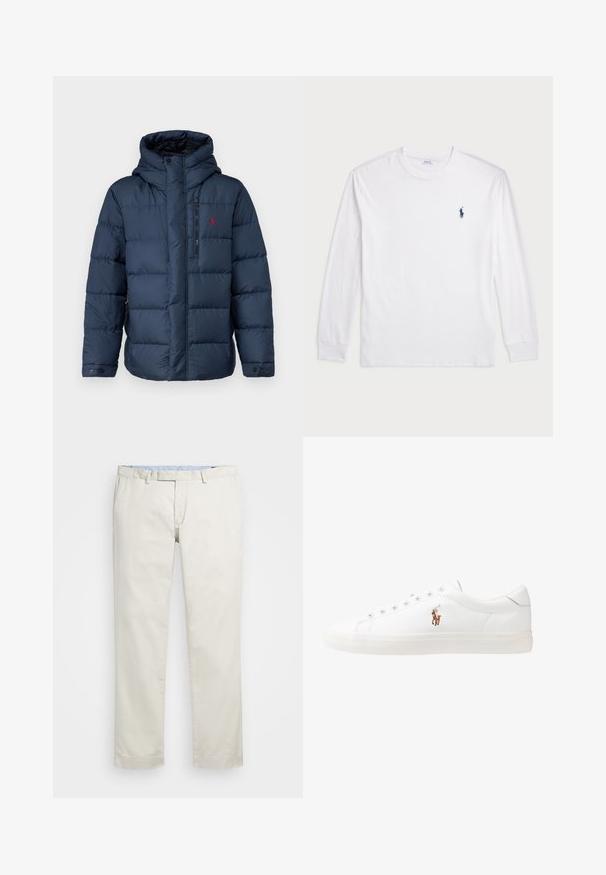 Polo Ralph Lauren GORHAM INSULATED - Bunda z prachového peří - winter navy heather; Bílé tričko s dlouhým rukávem vyrobené z bavlny. Má kulatý výstřih, žebrované manžety a malé námořnické modré logo polo na levé hrudi.; Béžové bavlněné chinos kalhoty s plochým předním dílem, poutky na opasek a bočními kapsami. Rovný střih s hladkou texturou a lehkým, prodyšným pocitem.; Bílé kožené tenisky, nízký střih, s hladkým povrchem, kulatou špičkou, šněrováním v přední části a malým vyšitým logem na boku.