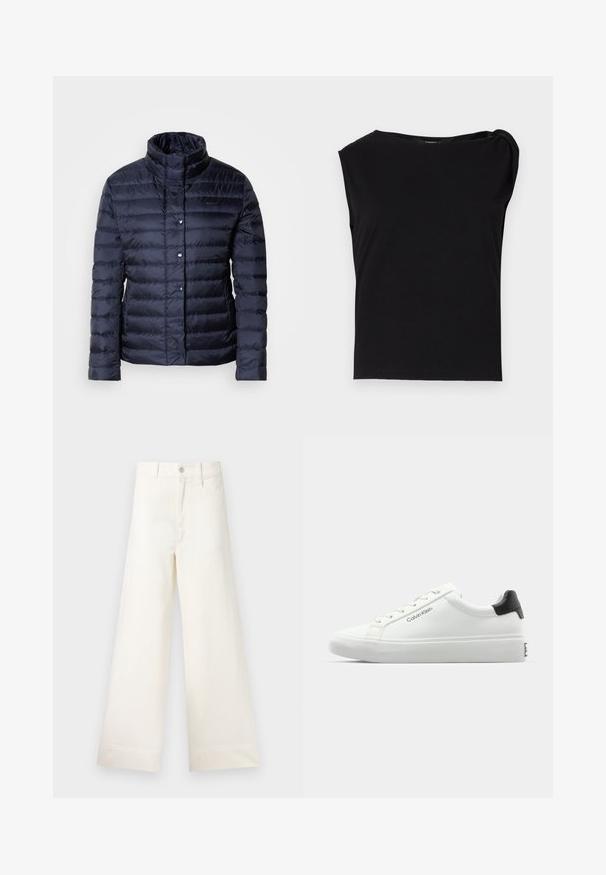 Marineblauer Puffer-Jacke mit hohem Kragen, horizontalem Steppmuster, Knopfverschlüssen und einer glatten, glänzenden Oberfläche. Geeignet für kaltes Wetter.; Schwarzes kurzärmliges Oberteil aus glattem Stoff. Mit rundem Kragen und drapiertem Detail an der Schulter. Einfaches, figurbetontes Design.; Weite Hosen aus hellem beigen Baumwollstoff. Mit hoher Taille, vorderen Taschen und geradem Schnitt. Saubere Saumverarbeitung ohne Muster.; Weißer Sneaker mit glatter Oberfläche, schwarzem Absatz und Schnürdesign. Mit "Calvin Klein"-Branding an der Seite. Minimalistischer Stil.