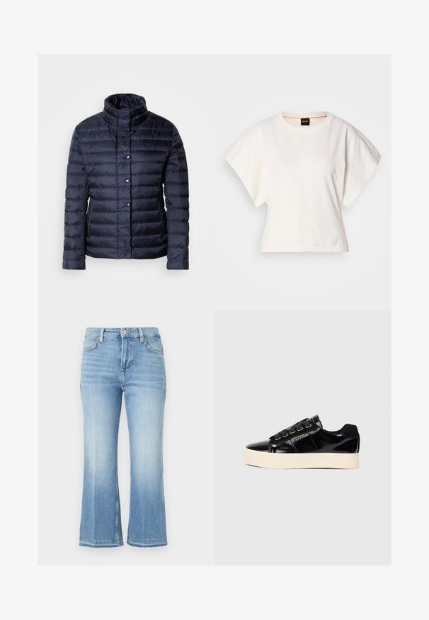 Marinblå puffjacka med hög krage, horisontellt quiltat mönster, knappstängning och en slät, glänsande yta. Lämplig för kallt väder.; Vit kortärmad T-shirt, korta vida ärmar, mjukt bomullsmaterial, rund halsringning med subtila orange detaljer, minimal design, inga mönster eller grafik.; Ljusblå denimjeans med hög midja, vida utsvängda ben, blekt mönster och stickade detaljer på fickor och fåll.; Svarta lacklädersneakers med en platt crèmefärgad sula. Har svarta skosnören, gyllene öglor och logodetalj på sidan. Rundad tådesign.