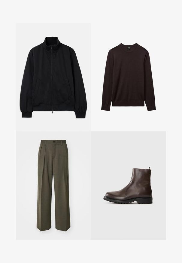Črna jakna z visokim ovratnikom, sprednjim zadrgo, dvema stranskima žepoma, rebrastimi manšetami in robom, narejena iz gladkega materiala. Enostavna zasnova, brez vidnih logotipov.; Reiss Pulover - dark bordeaux; Filippa K WIDE TROUSERS - Hlače - driftwood; Rjave usnjene gležnjarje z gladko teksturo, elastičnimi stranskimi paneli, zanko na hrbtni strani in trdno gumijasto podplatom.