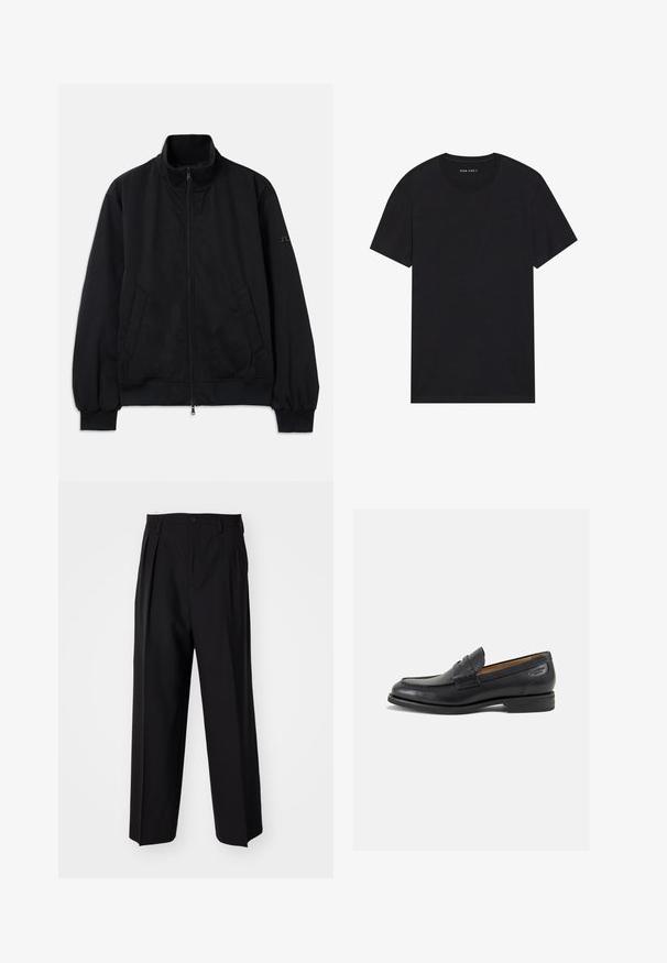 Musta takki, jossa on korkea kaulus, edessä vetoketju, kaksi sivutaskua, ribbatut hihat ja helma, valmistettu sileästä materiaalista. Yksinkertainen muotoilu, ilman näkyviä logoja.; Musta puuvillapaita lyhyillä hihoilla ja pyöreällä kaula-aukolla. Kankaan pinta on sileä ja sen muotoilu on yksinkertainen ja yksivärinen.; Mustat laskostetut housut, joissa on suora, leveä lahje. Valmistettu sileästä kankaasta, jossa on nappisuljenta ja vyölenkit.; Mustat nahkaloaferit, joissa on sileä pinta, pyöreä varvas ja koristeompeleet varpaansuojassa. Matala pinottu korko ja hieno kiilto.