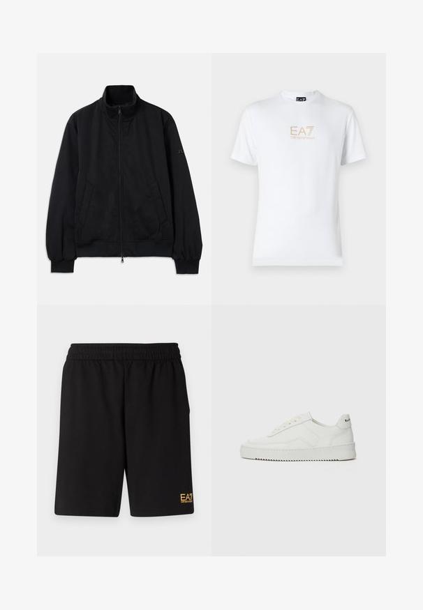 Veste noire avec un col montant, fermeture éclair sur le devant, deux poches latérales, poignets et ourlet côtelés, fabriquée en matière lisse. Design simple, sans logos visibles.; T-shirt en coton blanc avec un col rond et des manches courtes, orné d'un logo doré EA7 Emporio Armani imprimé sur le devant.; Shorts de sport noirs en tissu doux, avec une taille élastique et un petit logo jaune EA7 sur le bas de la jambe gauche.; Baskets en cuir blanc avec une finition lisse, bout arrondi, lacets plats et semelle texturée. Présente un logo discret sur le talon.