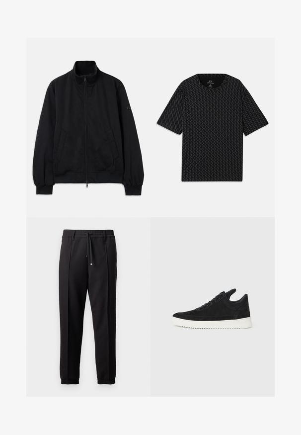 Czarna kurtka z wysokim kołnierzem, zamek błyskawiczny z przodu, dwa boczne kieszenie, ściągacze na mankietach i na dole, wykonana z gładkiego materiału. Prosty design, bez widocznych logo.; Czarny T-shirt z fakturowanym wzorem naprzemiennych logo 'A', krótkimi rękawami i okrągłym dekoltem. Wykonany z lekkiego materiału.; Czarne spodnie z pasem, sznurkiem do regulacji i elastycznymi mankietami. Posiadają kanty oraz gładki, teksturowany materiał.; Czarne zamszowe sneakersy z białą gumową podeszwą, z tonalnym przeszyciem i sznurowanym zapięciem. Gładka tekstura, nowoczesny, smukły kształt.