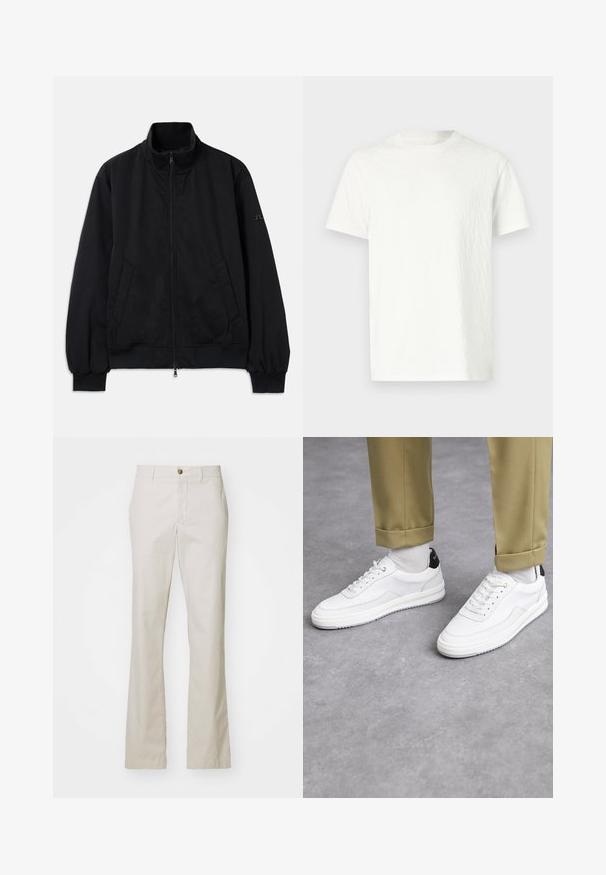 Čierna bunda s vysokým golierom, predným zipsom, dvoma bočnými vreckami, rebrovanými manžetami a lemom, vyrobená z hladkého materiálu. Jednoduchý dizajn, bez viditeľných log. ; Biely tričko s krátkym rukávom s jemne textúrovaným povrchom a okrúhlym výstrihom. Bez viditeľných vzorov alebo hardvérových detailov.; J.LINDEBERG LOIS CLOUD PANTS - Nohavice - moonbeam; Biele tenisky s textúrovanou koženou úpravou, zaoblenou špičkou a čiernym akcentom na päte. Gumová podrážka s malým vzorom a prešívaním.