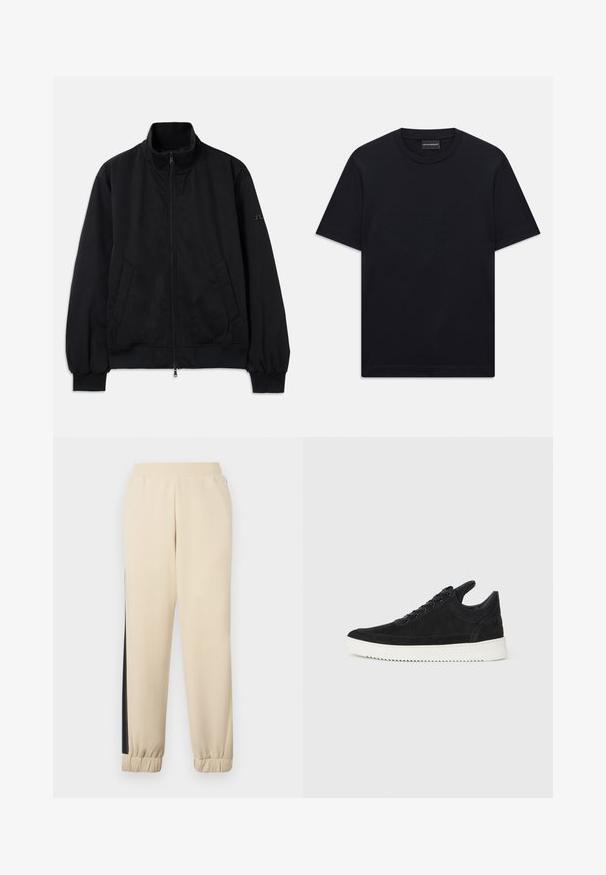 Black jacket with a high collar, front zipper, two side pockets, ribbed cuffs and hem, made from smooth material. Simple design, no visible logos.; Black short-sleeve crew neck T-shirt with subtle embossed logo design centered on the chest and a branded tag inside the collar.; Cream-colored sweatpants with black side stripes, elastic waistband, and ribbed cuffs. Soft fabric with a relaxed fit.; Black suede sneaker with a white rubber sole, featuring tonal stitching and lace-up design. Smooth texture with a modern, streamlined shape.